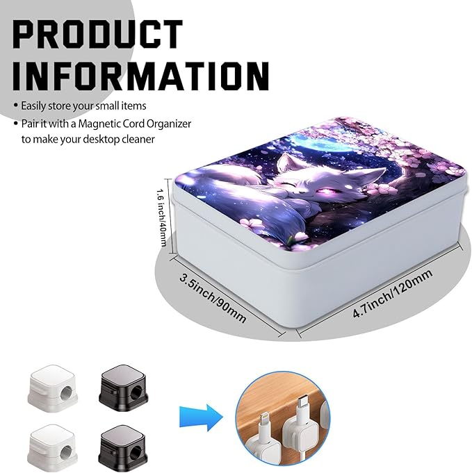 Metal Tin Box with Lid,Multi-functional Storage Box Can Store Tea Biscuits Game Cards, Playing & Tarot Cards-Comes with 4 Magnetic Cord Clips,White Fox Cherry Tree