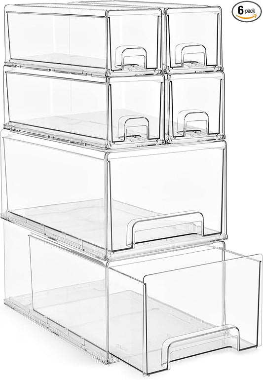 Sorbus 2 Large & 4 Small Clear Stackable Storage Drawers – Plastic Organizer Bins with Handles – Stackable Pull-Out Storage Drawers for Closet, Pantry, Office, Bathroom, Craft, and Toy Organization