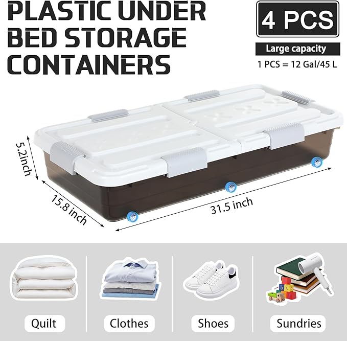 4 Pcs Plastic Under Bed Storage Container with Double Opening Lid Wheel Handle, Transparent Large Capacity Stackable Latching Festival Storage Bin for Closet Bedroom, 31.5x15.8x5.2 In(Brown)