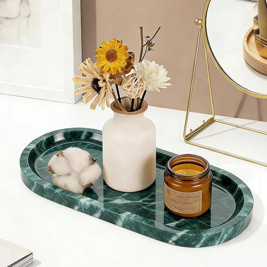 Natural Marble Tray, Green Stone Tray, Vanity Decorative Tray for Countertop, Catchall for Perfume, Candles, Skincare, Jewelry Dish, Bathroom Tray, Hotel Supplies