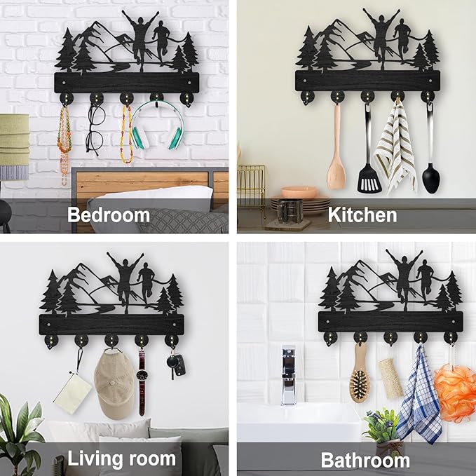 MAYJOYDIY Marathon Wall Mount Coat Rack 11.8×8inch Mountain Tree Key Holder Run Wood Wall Coat Rack Hooks with 5 Metal Hooks for Hanging Sports Medals Bracelets Hats Keys Storage Gift Home Decor