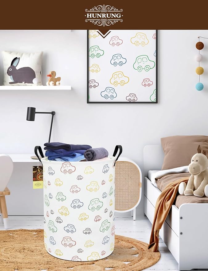 HUNRUNG Laundry Hamper,Large Canvas Fabric Lightweight Storage Basket Toy Organizer Dirty Clothes Collapsible Waterproof for College Dormsï¼Round-Carï¼