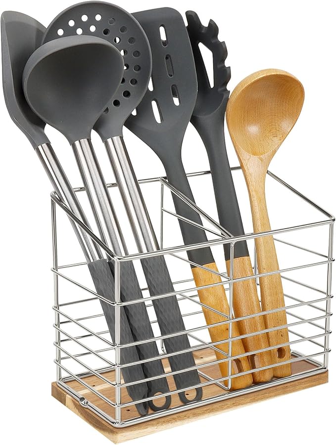 Utensil Holder for Kitchen Counter, Metal Utensil Holder Rack for Kitchen Countertop, Cooking Tools Storage for Spatula, Utensil Organizer with Wooden Base, and Drainage Hole (Chrome Wooden)