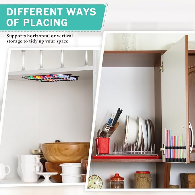 Baderke Straw Holder for Cabinet Reusable Straw Organizer with Double Sided Adhesive Tape Screws Storage Container for Kitchen Counter Cupboard(Black,Classic)