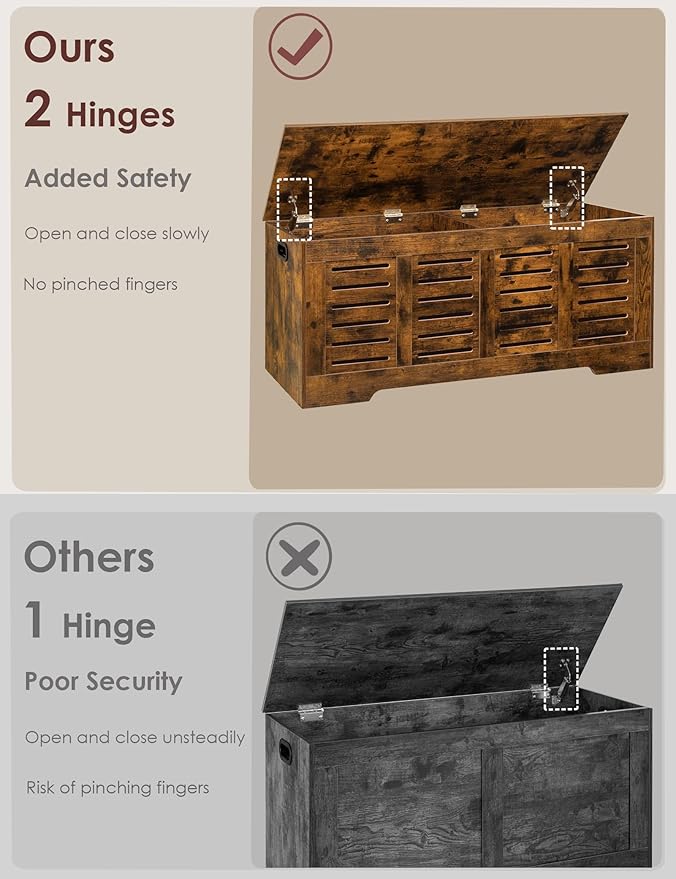 DINZI LVJ Storage Chest, 47.3â Wooden Toy Box with 2 Safety Hinges, Retro Entryway Shoe Storage Bench with Flip-Top, Sturdy Large Storage Trunk for Living Room, Bedroom, Easy Assembly, Rustic Brown