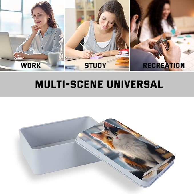Metal Tin Box with Lid,Multi-functional Storage Box Can Store Tea Biscuits Game Cards, Playing & Tarot Cards-Comes with 4 Magnetic Cord Clips,Calico Cat with Books