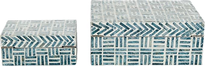 Deco 79 Mother of Pearl Shell Geometric Handmade Decorative Box Mosaic Storage Decorative Keepsake Box with Cream Underlay, Set of 2 Storage Box 12", 8"W, Blue