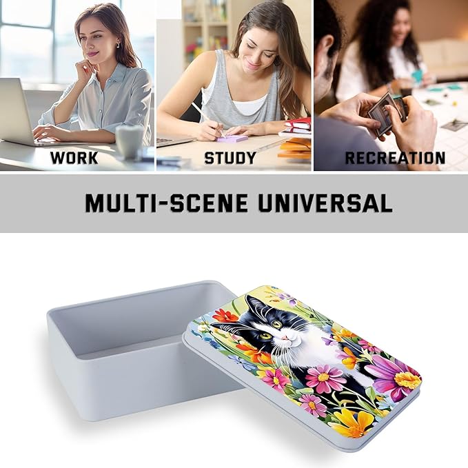 Metal Tin Box with Lid,Multi-functional Storage Box Can Store Tea Biscuits Game Cards, Playing & Tarot Cards-Comes with 4 Magnetic Cord Clips,Tuxedo Cat in Flowers