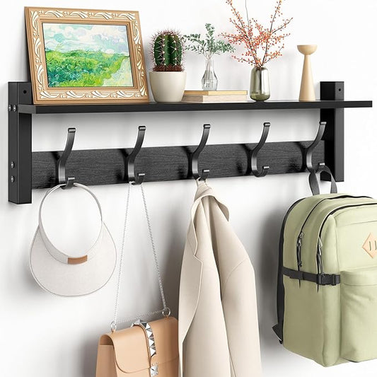 Coat Rack Wall Mount with Shelf, 24 Inch Coat Hanger Walls Mounted, Hat Rack for Walls, Shelf with 5 Coat Hooks, Wall Hanger for Entryway (Black)