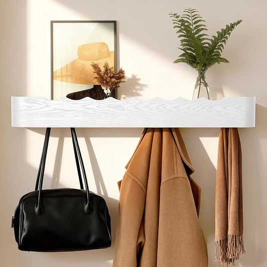Wall Coat Rack Floating Shelves Modern Coat Rack Wall Mount with Storage Entryway Shelf Wooden Hanger 20 Inch 4 Hidden Metal Hooks for Living Room Bedroom (Wavy White, 8 Hooks)