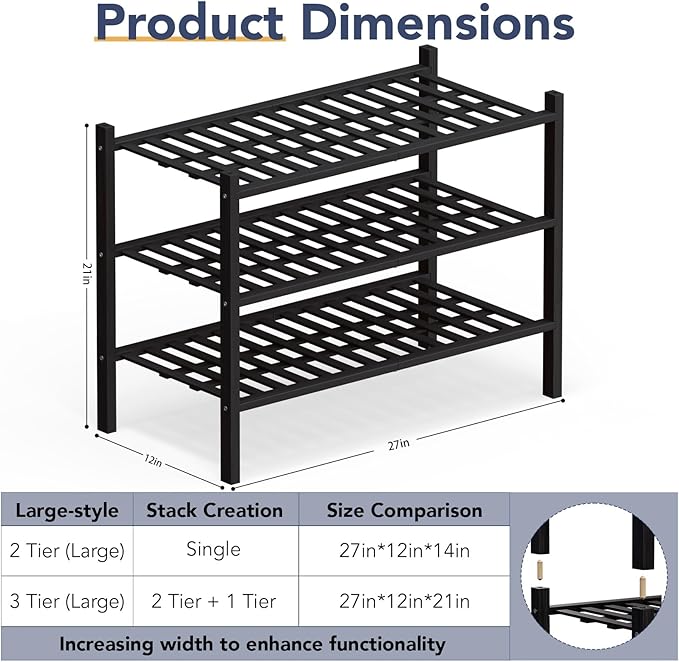 Haddockway Large 3 Tier Bamboo Shoe Rack Storage Organizer, Multifunctional Free Standing Stackable Shoe Shelf with Grid Panel for Closet,Hallway,Entryway,Small Space 27"x12"x21"