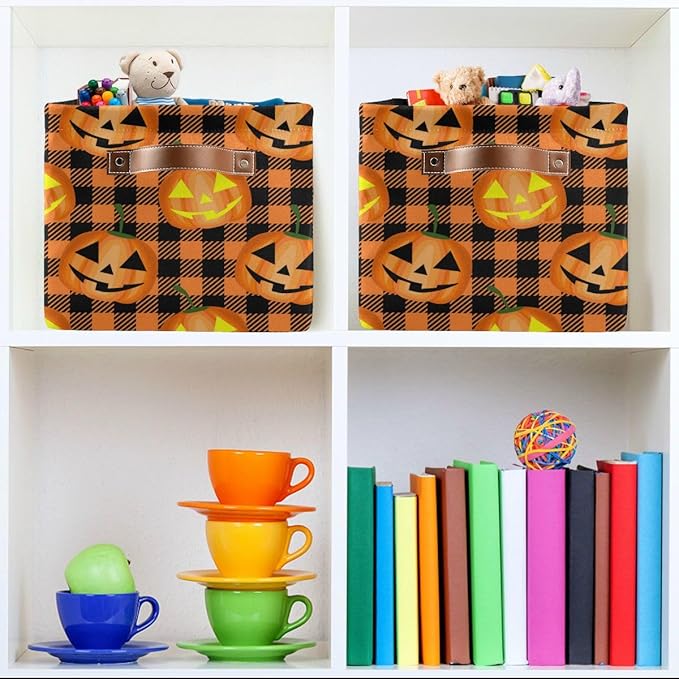 Bolaz Halloween Pumpkin Orange Buffalo Plaid Storage Basket,Large Storage Bin Fabric Collapsible Organizer Bag with Handles 15x11x9.5 inch