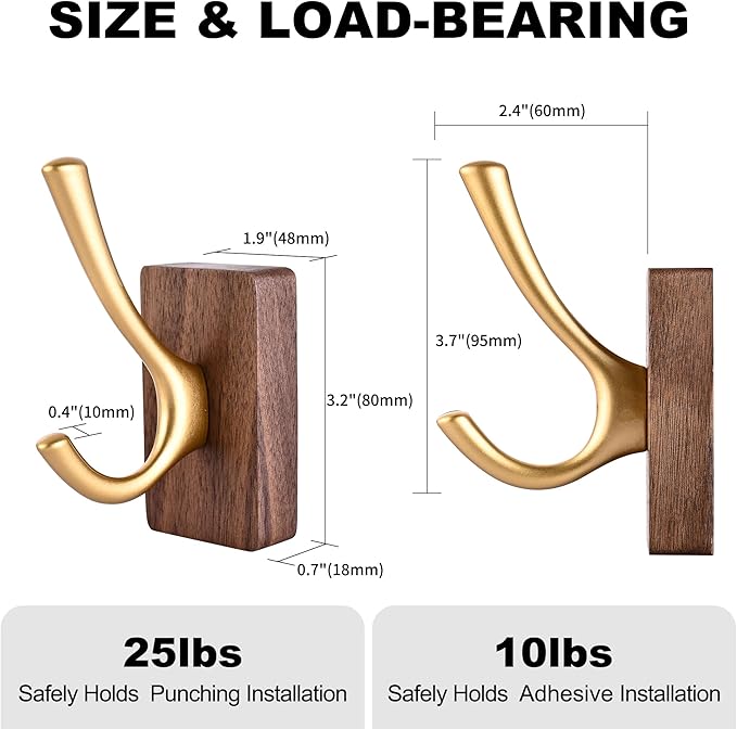 6 Pack Walnut Wood Wall Coat Hooks for Hanging, Adhesive Mounted & Wall Mount Heavy Duty Wooden Double Hook Hanger for Towel Backpack Hat Jacket Clothes Blanket Purse Robe Key Stain Gold Hook