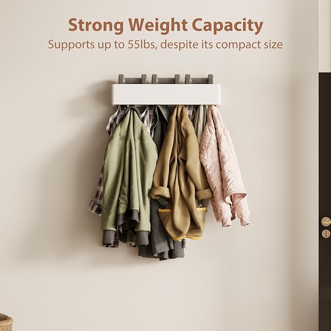 Solid Wood Wall Mounted Coat Rack with Shelf Hooks - Modern Floating Shelves with 5 Hidden Hooks, Heavy Duty Entryway Coat Key Holder Hanger for Hallway Bathroom Bedroom Home Decor