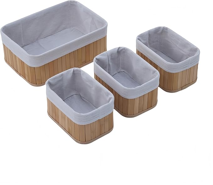 Pwryon Deosur 4-Pack Bamboo Storage Baskets with Removable Washable Liners – Natural Woven Organizers for Closet, Bathroom, Bedroom & Pantry