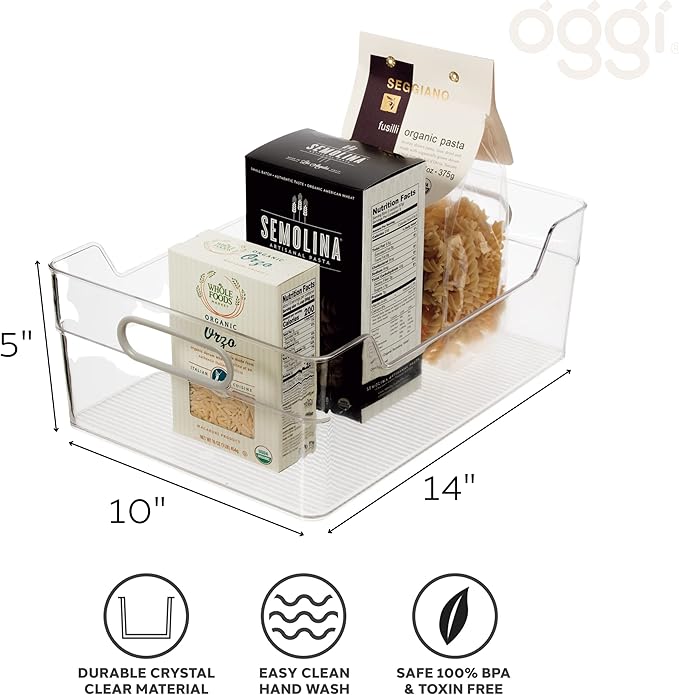 Oggi Cabinet/Drawer High Wall Storage Bin - 14" x 10", Clear/Gray, Ideal for Kitchen Organization, Pantry Storage, Fridge Organizing - Set of 6