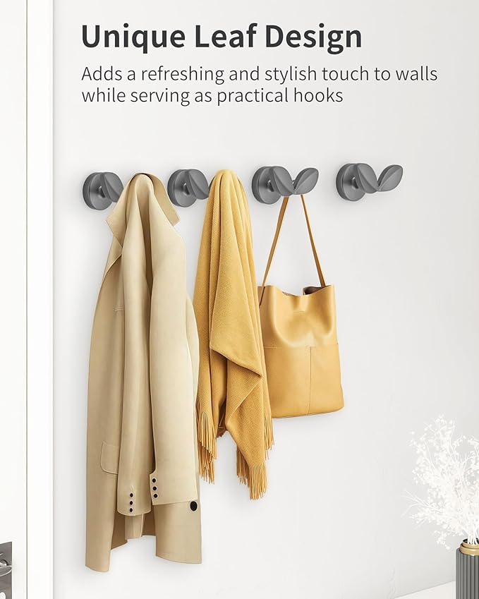 Decorative Coat Hooks Wall Mount, Unique Wall Decor Hooks for Hanging Towel Key Purse Hat Robe Clothes Cute Dual Leaves Hanger Hook for Bathroom Shower Closet Entryway Dark Gray 4 Pack