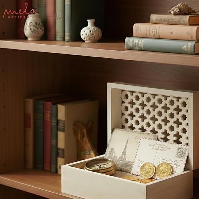 Mela Artisans Large Wooden Keepsake Box | Whitewash Memory & Decorative Storage Box for Jewelry, Photos & Trinkets with Hinged Lid | vintage Storage Box | Trellis Design | 9 x 6 x 3.5