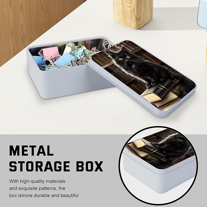 Metal Tin Box with Lid,Multi-functional Storage Large Box Can Store Tea Biscuits Game Cards, Playing & Tarot Cards-Comes with 4 Magnetic Cord Clips,Black Cat on Books