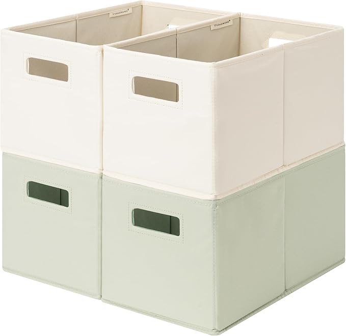 StorageWorks Fabric Storage Bins for Shelves, Closet Organizers and Storage Baskets, Collapsible Storage Bins with Cutout Handles, Medium, 4-Pack, Ivory and Light Green