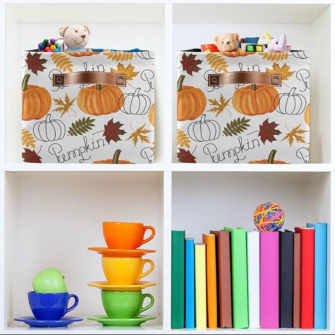 Bolaz Large Storage Basket Pumpkin Leaf Fall Autumn Foldable Storage Box Organizer Bins with Handles for Bedroom Home Office