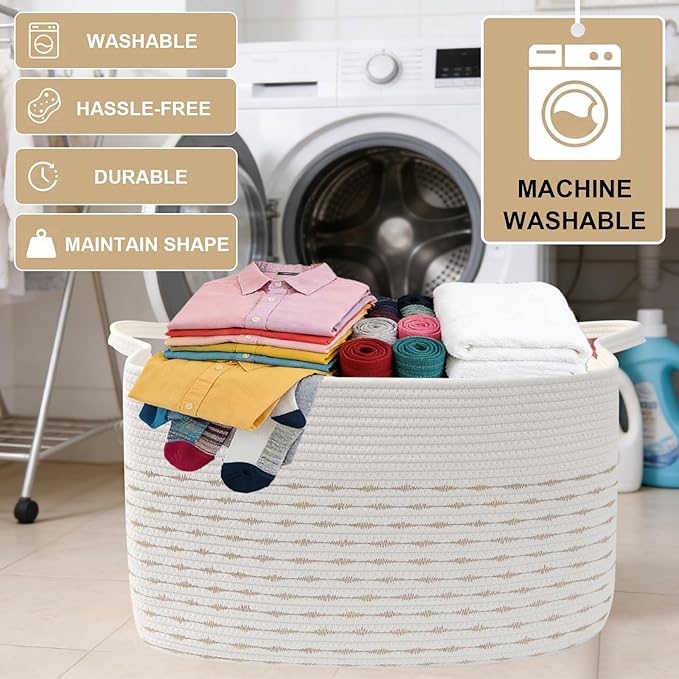 Magazine & Newspaper Baskets,65L Large Woven Rope Blanket Basket,21"x16"x12"Storage Bin with Handle,Toys Storage,Laundry Basket for Home Organization/Living Room/Nursery/Bedroom,White&Brown