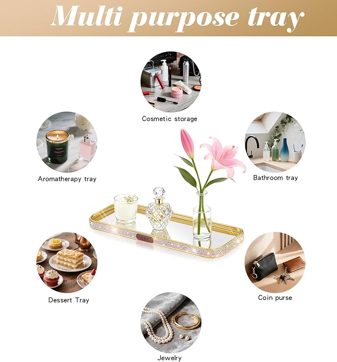 Yivaiks Bathroom Gold Tray Jewelry Perfume Makeup Organizer Decorative Tray for Vanity, Dresser, Bathroom, Bedroom Entrance Hall, Living Room(11.8IN Colorful)