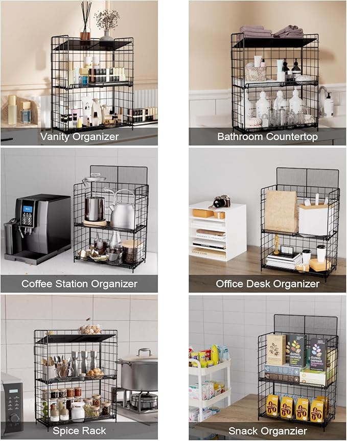 Spice Rack Organizer, 3 Tier Adjustable Height Spice Rack, Installation Free, Foldable Multi-Purpose Storage, Suitable for Kitchen/Bathroom/Home/Office