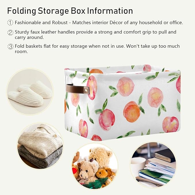 susiyo Large Foldable Storage Bin, Watercolor Peaches Fabric Storage Baskets Collapsible Decorative Baskets Organizing Basket Bin with PU Handles for Shelves Home Closet Bedroom Living Room-2Packs