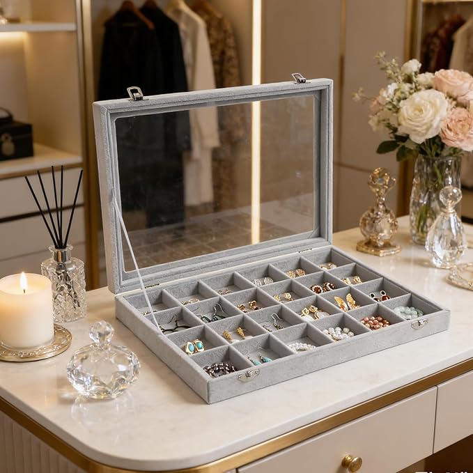 Wudygirl Jewelry Organizer Velvet Jewelry Tray 24 Grid Jewelry Box Earring Holder Organizer Removable Display Case Organizer Glass Top Lid & Lock (24 Grid)