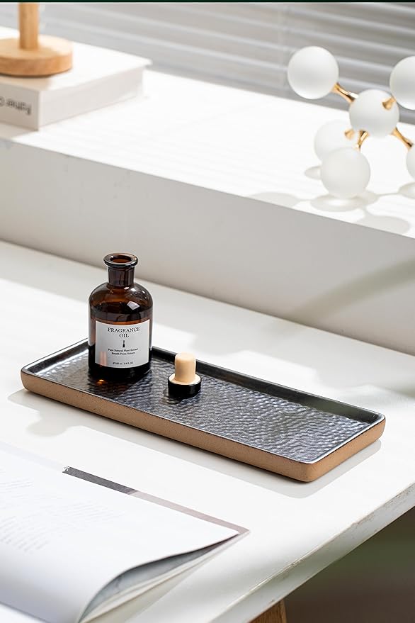 Vanity Tray with Brown Trim, Candle Tray, Bathroom Countertop Perfume Holder Organizer, Decorative for Dresser, Table, Countertop, Home dÃ©cor, Rectangular, Black, 12''Ã4.7''
