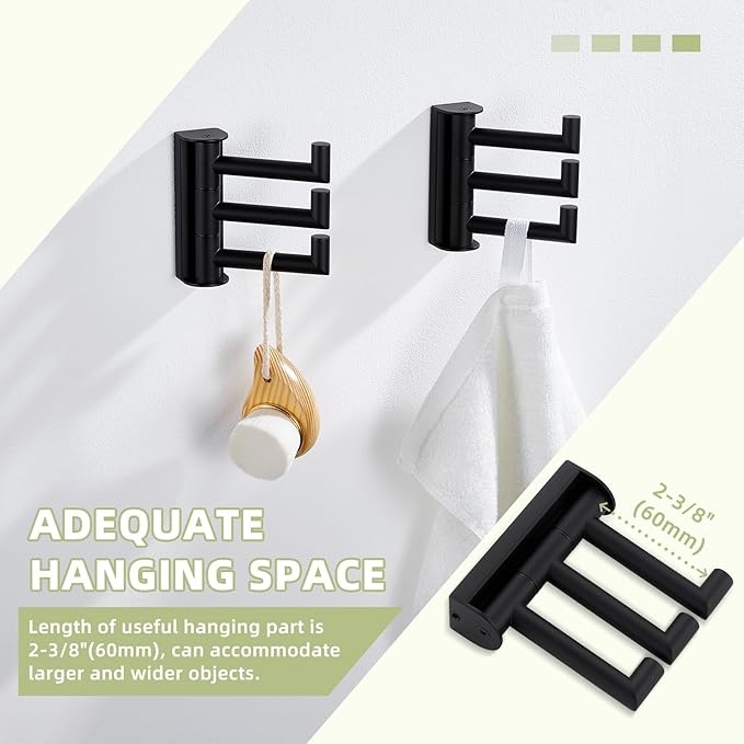 Suyar Towel Hook for Bathroom, SUS 304 Stainless Steel Swivel Coat Robe Holder with 3 Foldable Arms, Wall Hook Matte Black, 2 Pack
