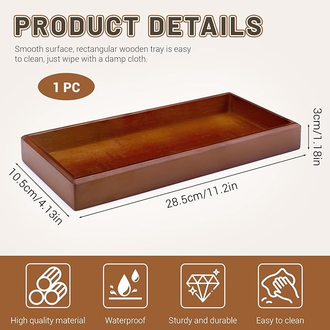 Rectangle Wood Bathroom Tray, 11.4" x 4.3" Wooden Serving Platter, Decorative Ottoman Tray Organizer for Counter Vanity Kitchen Decor Table Party (Small)
