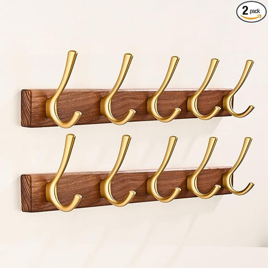 2 Pack 17.3" Walnut Wood Coat Rack Wall Mount with 5 Hooks, Heavy Duty Wooden Jacket Hanger Door Mounted for Decorative Entryway Bathroom Hanging Towel Backpack Purse Hat Key Satin Gold