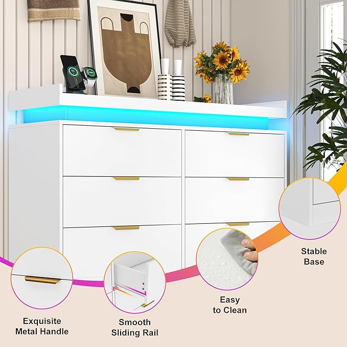 6 Drawer Dresser for Bedroom, White Dresser with LED Lights and Power Outlet, Modern Chest of Drawers for Closet, Double Wide Drawer Organizer Cabinet for Bedroom, Living Room, Entryway, Hallway