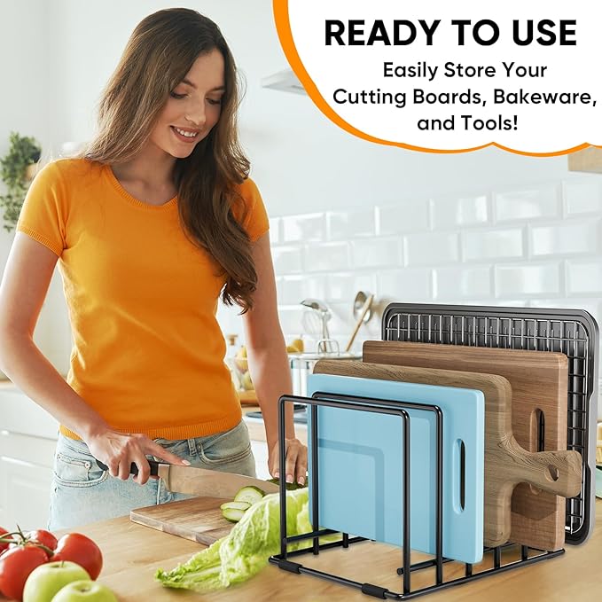 Baking Sheet Organizer Rack â 5-Slot Bakeware & Cookie Tray Holder for Kitchen Cabinet or Countertop, Stainless Steel Cutting Board Rack with Rust-Resistant Frame & Anti-Slip Feet