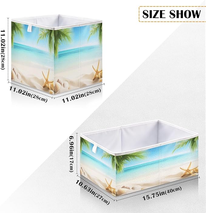 Blueangle Summer Beach Cube Storage Bin, 11 x 11 x 11 in, Large Collapsible Organizer Storage Basket for Home Décor