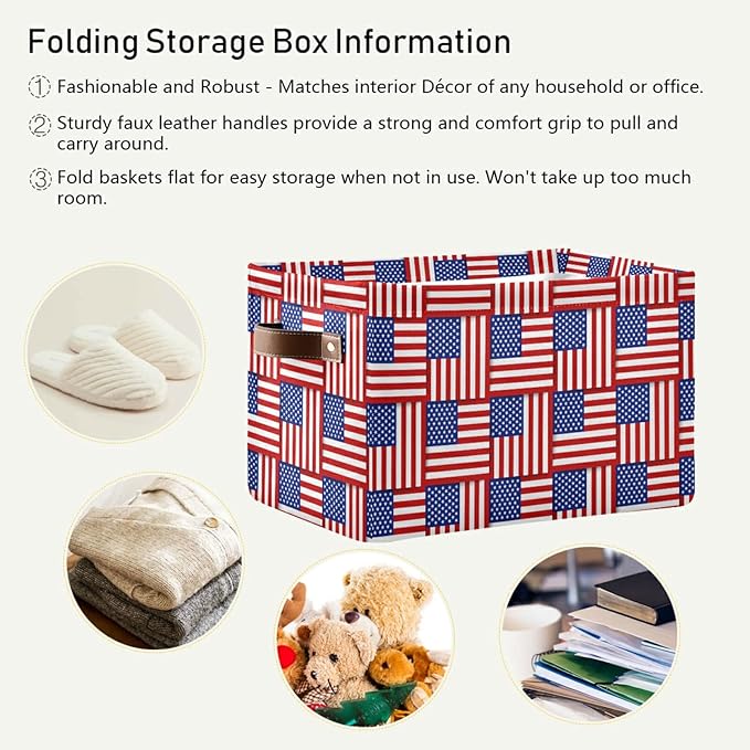 Large Storage Basket American Flag Foldable Storage Box Organizer Bins with Handles for Bedroom Home Office