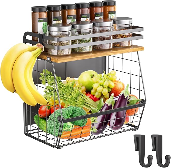 Magnetic Shelf for Fridge with Wood Lid, Magnetic Spice Rack for Refrigerator Large Capacity Wire Basket Kitchen Storage Bin for Fruit, Onion, Potatoes, Storage Organizer for Counter & Cabinet, Black