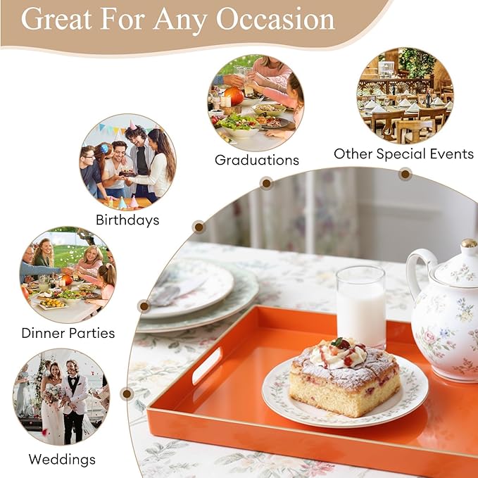 Zosenley Decorative Tray, Rectangular Plastic Tray with Handles, Modern Vanity Tray and Serving Tray for Bathroom, Kitchen, Ottoman and Coffee Table, 15.6â x 10.2â (Orange)