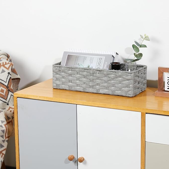Bidtakay Narrow Wicker Bins for Organizing 2-Pack Decorative Baskets for Washroom Waterproof Imitation Small Wicker Storage Baskets for Shlef Closet Bedroom Entryway Office Desk Light Grey