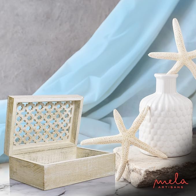 Mela Artisans Large Wooden Keepsake Box | Whitewash Memory & Decorative Storage Box for Jewelry, Photos & Trinkets with Hinged Lid | vintage Storage Box | Trellis Design | 9 x 6 x 3.5