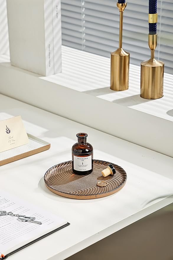 Vanity Tray, Candle Tray, Bathroom Tray, Countertop Tray, Perfume Holder Organizer, Decorative Tray for Dresser, Table, Bathroom Countertop, Home dÃ©cor, Round, Brown, 8"Ã8"