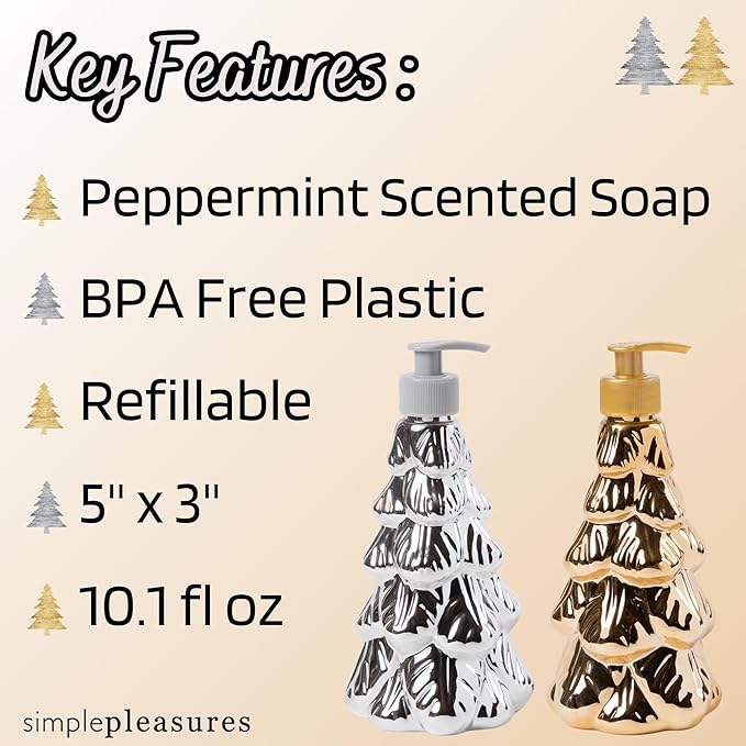 Simple Pleasures Metallic Christmas Tree Set of 2 Holiday Soap Dispenser with Scented Liquid Soap - Decorative Hand Pump Refillable Soap Dispensers for Kitchen and Bathroom Sinks