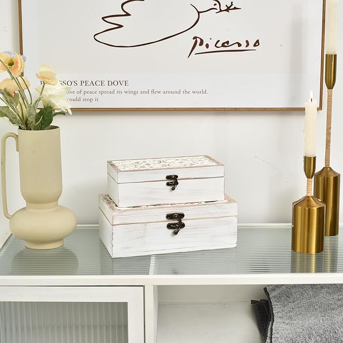 White Wooden Storage Box Set of 2 - Distressed White-Washed Decorative Boxes with Hinged Lids - Hand Carved Solid Pine Organizer for Jewelry, Keepsakes, and Shabby Chic Home Décor