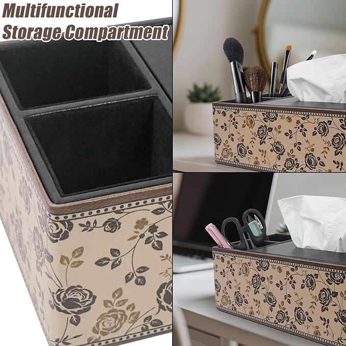 DreamsEden PU Leather Tissue Box Cover with Storage Tray, Multi-Functional Organizer for Tissues & Remote Control for Bedroom, Nightstand, End Table, Living Room