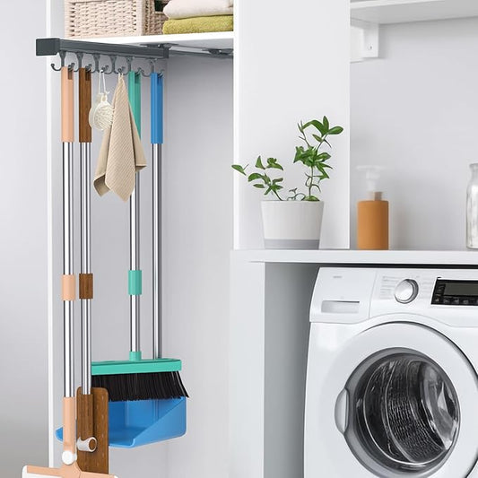 Pull Out Broom Holder, Multifunctional Slide Broom And Mop Storage/Organizer With Adjustable Double Row Sliding Hook, Garage Organization Hooks, for Closet Laundry - grey - 36cm/14.17inch