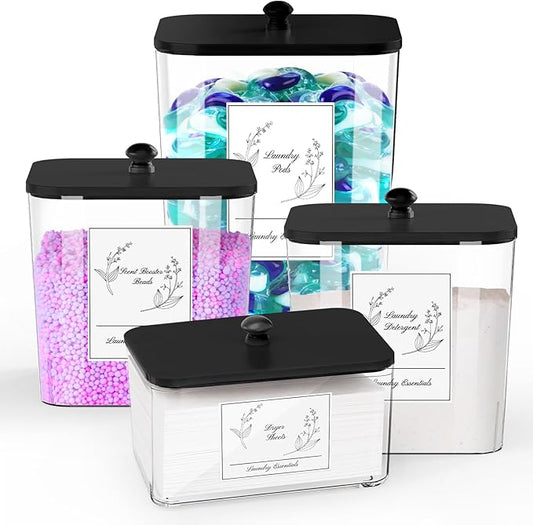 4 Pack Clear Laundry Pods Container & Dryer Sheet Holder, Plastic Square Laundry Room Organization and Storage Jars with Lids, Scoops & Labels for Detergent, Powder, Dryer Balls (Black Lid)