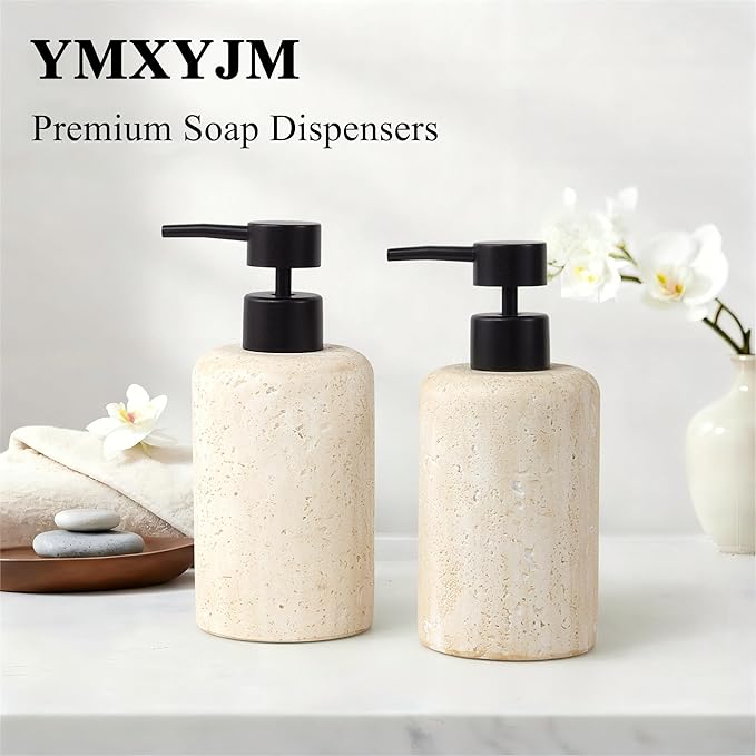 2pcs/Set Hand Soap Dispenser Sets - 10.8oz Refillable Resin Liquid Soap Dispensers with Rust-Proof Pump for Bathroom Countertop or Kitchen, Faux Travertine
