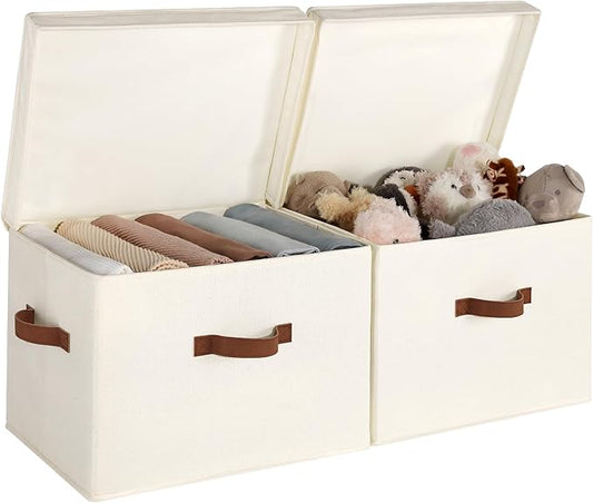 StorageWorks Fabric Storage Bins with Lid, Decorative Storage Boxes for Shelves, Stackable Closet Organizer Basket with Handles, Jumbo, Ivory White, 2-Pack